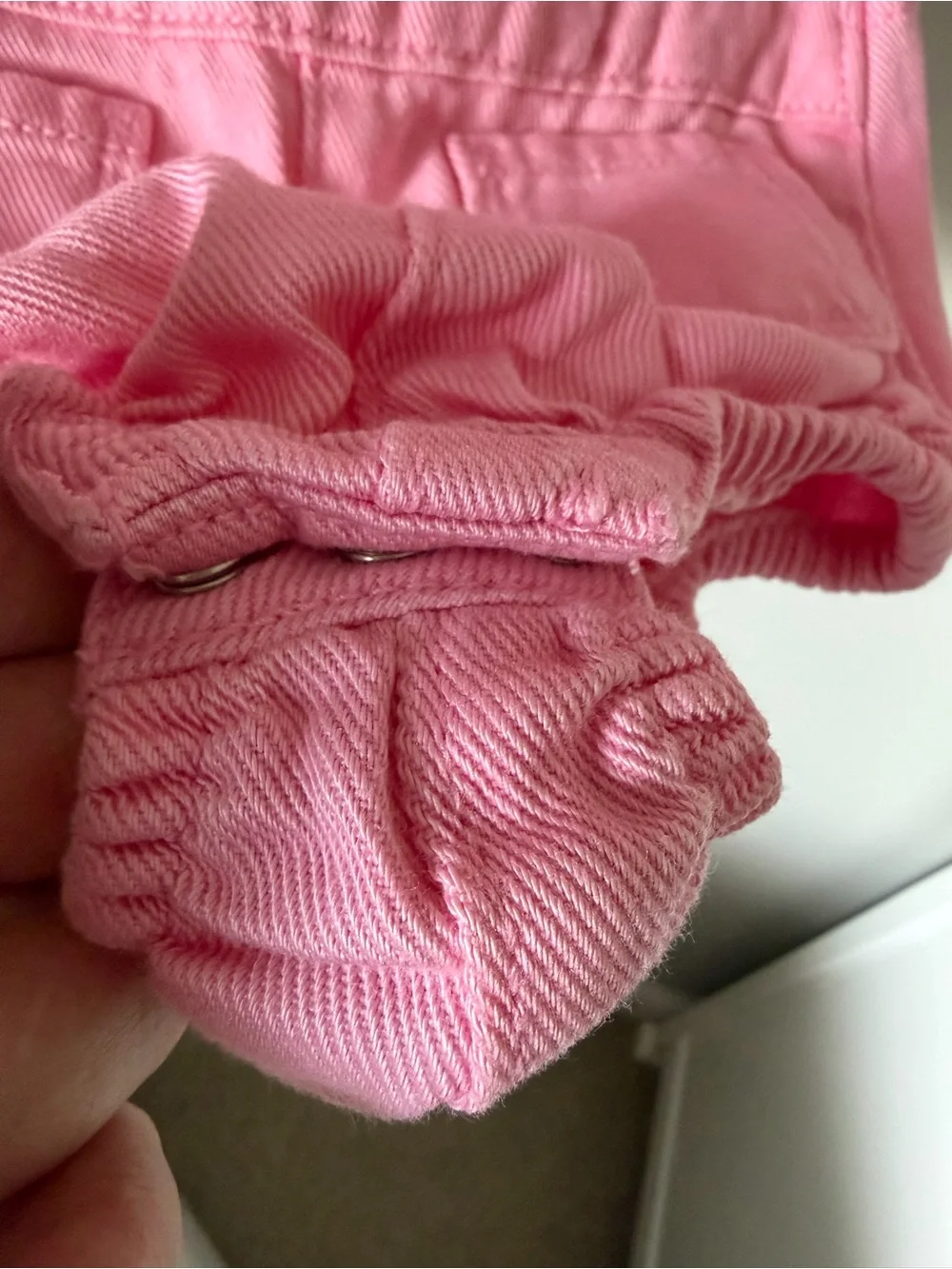 Old Navy Girls 12-18M Pink Denim Overall Romper Sleeveless Ruffle Cotton